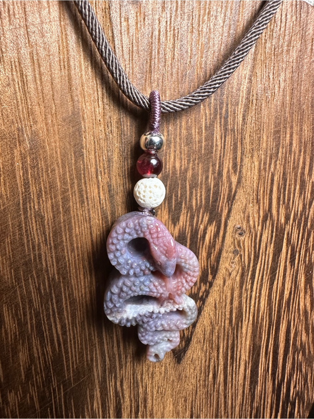 Ocean Jasper Snake Pendant Necklace on Brown Rope